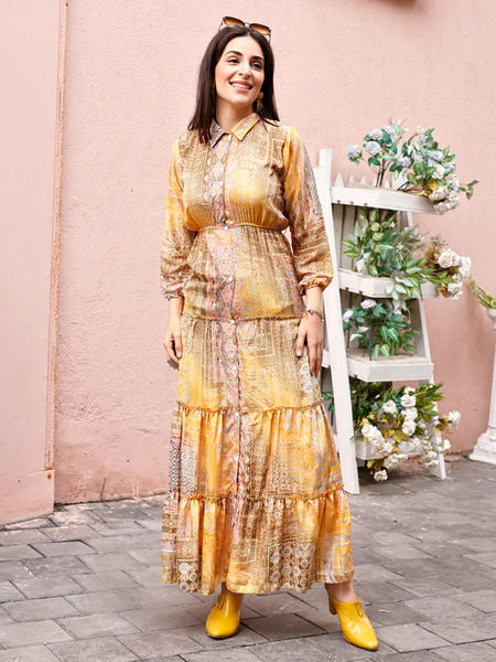 Mustard Color Printed Dress Festive Wear