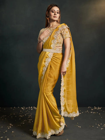 Party Wear Yellow Heavy Sequins Embroidered Work Saree - VJV Now