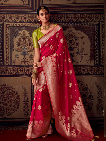 Red Banarasi Crepe Silk Zari Weaving Work Saree - VJV Now