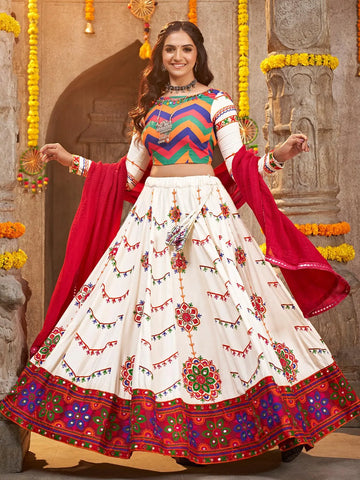 White Embroidered with Mirror Work Navratri Festival Lehenga Choli - VJV Now