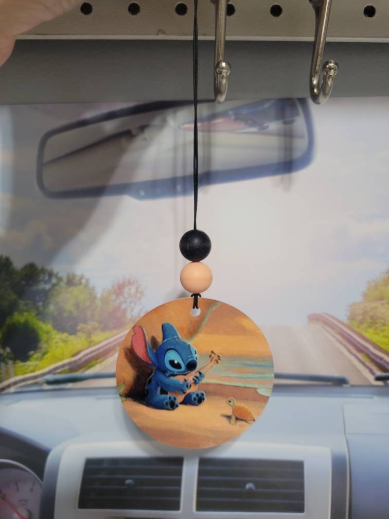 Stitch playing ukulele, rear view mirror charm, car accessory