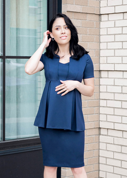 Navy blue maternity workwear suit with pencil skirt. Nursing friendly and available in petite and standard sizes. Cut with sustainable, luxury Italian fabric. 