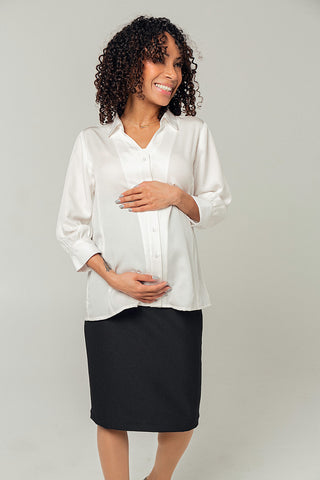 White Maternity Button Down Blouse and Black Maternity Pencil Skirt | MARION