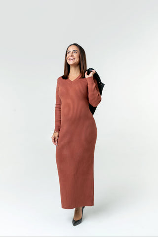 MARION Maternity & Breastfeeding Maxi Dress in Luxury Cotton Knit. Black or Nutmeg Brown. Invisible Nursing Access.