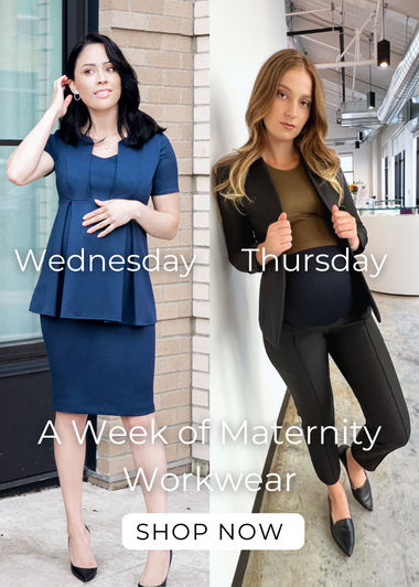 Maternity business workwear outfits. MARION Pregnant Lawyer Edit. Nursing friendly, Sustainable, and including petite and standard sizing.