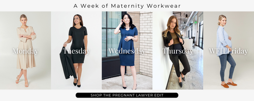 Maternity business workwear outfits. MARION Pregnant Lawyer Edit. Nursing friendly, Sustainable, and including petite and standard sizing.