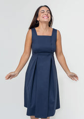 MARION Maternity blue dress, nursing dresses, fancy style with empire waist, pockets, and designer breastfeeding access. Made with luxury navy Italian fabric, washable, sustainable.