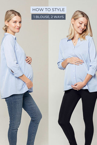Maternity Blouse. Pale blue maternity & breastfeeding top, button down maternity blouse. Luxury, Sustainable Maternity Office Wear, Standard and Petite Maternity Sizes. 