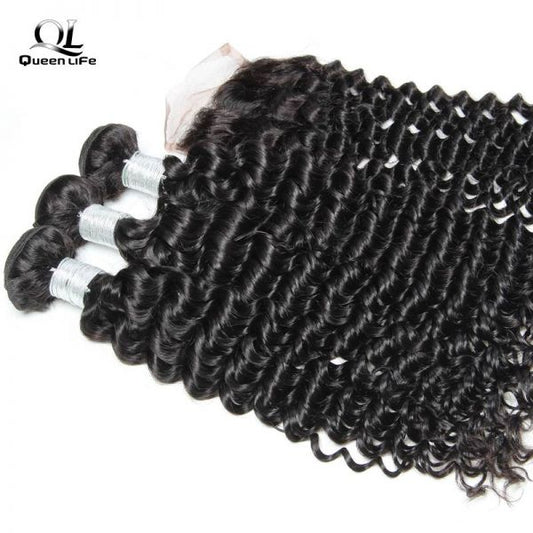 Queen Life hair 9A 3 Bundles With Lace Closure Deep Curly Human Hair