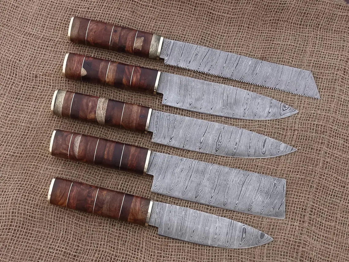 Handmade Damascus Chef Knife Set, of 5 Pcs Kitchen Knives, Mothers