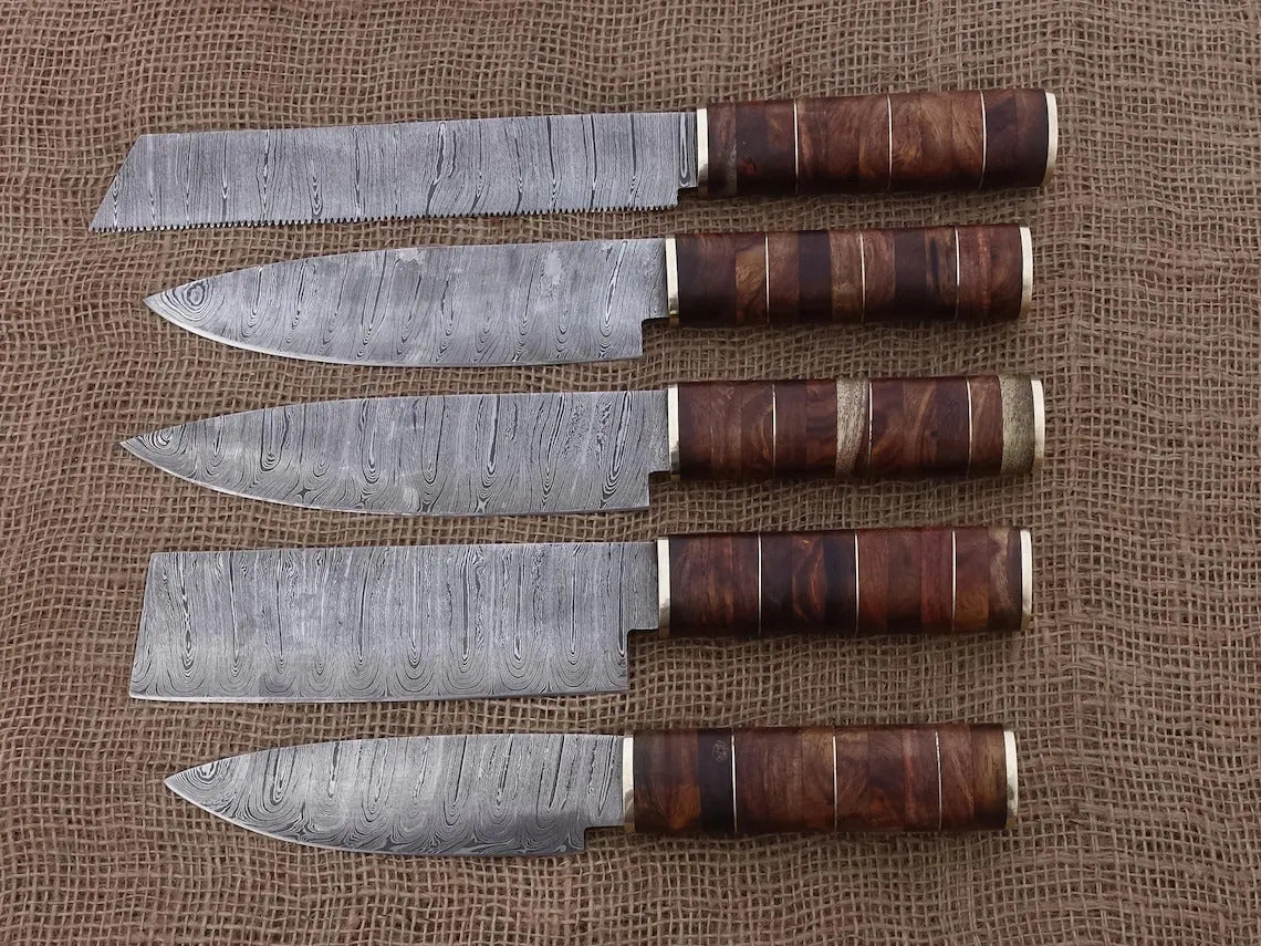 Handmade Damascus Chef Knife Set, of 5 Pcs Kitchen Knives, Mothers