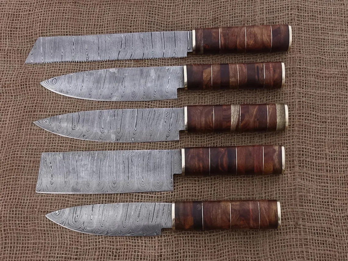 Damascus knife set of 5 pcs with Leather Kit