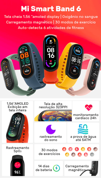 smartband mi6 xiaomi - melhor smartwatch em promoção - melhor custo benefício - melhores smartwatches do ano - relógio inteligente - pulseira inteligente