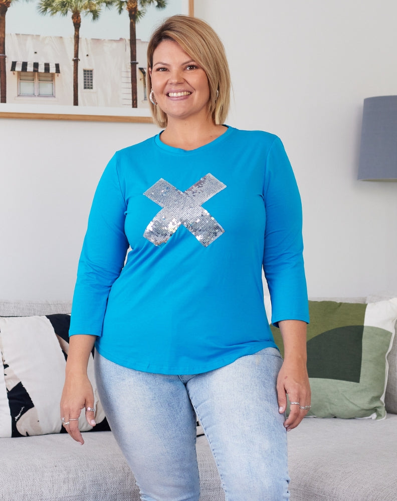 Cross Sequin 3/4 Tee - Blue/Silver