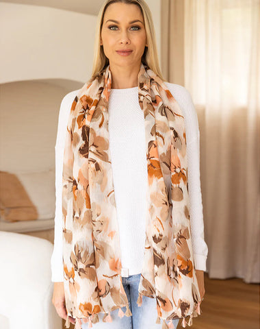 Featuring Our Scarf - Floral Tan Tassel