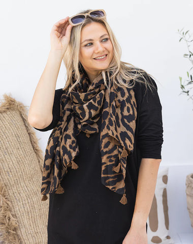 Featuring Our Animal Print Scarf - Brown Tassel