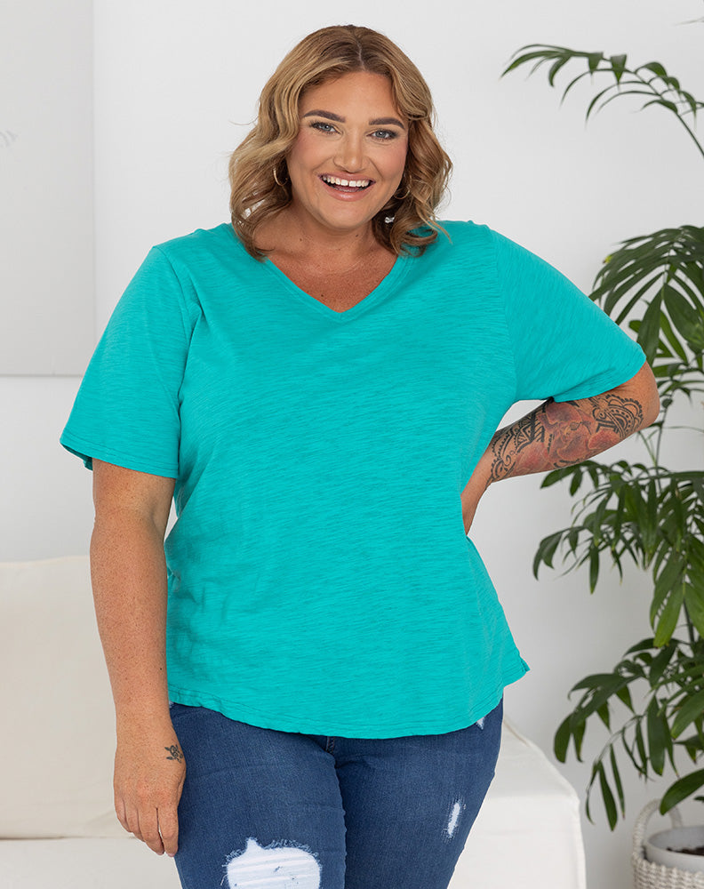 Cotton V Neck Tee - Emerald