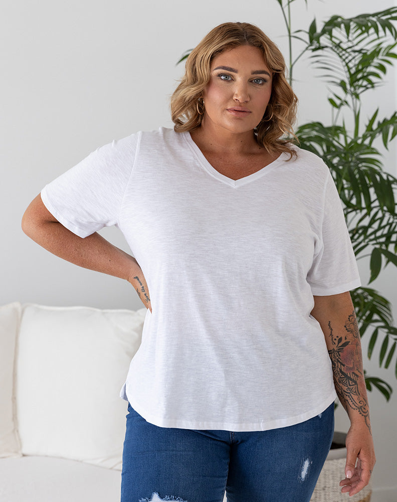 Cotton V Neck Tee - White