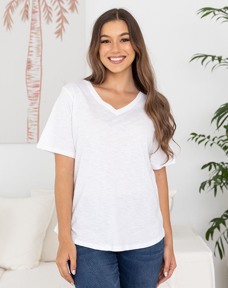 Cotton V Neck Tee - White