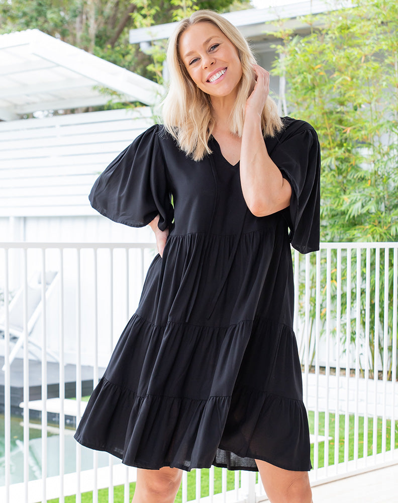 Tie Babydoll Dress -Black