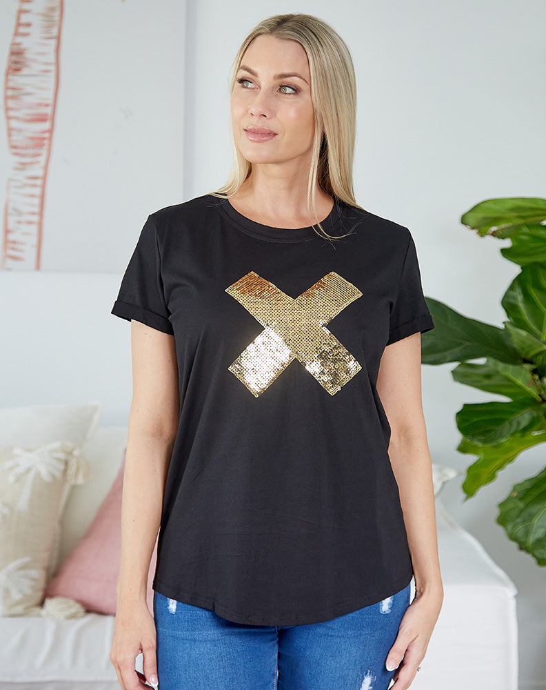 Cross Sequin Tee - Black/Gold