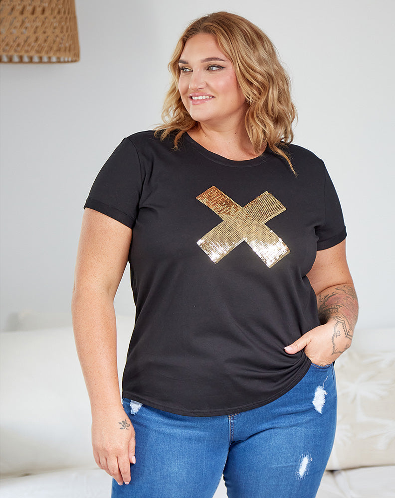 Cross Sequin Tee - Black/Gold