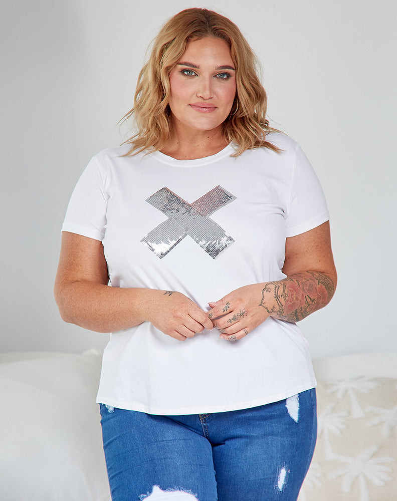 Cross Sequin Tee - White/Silver