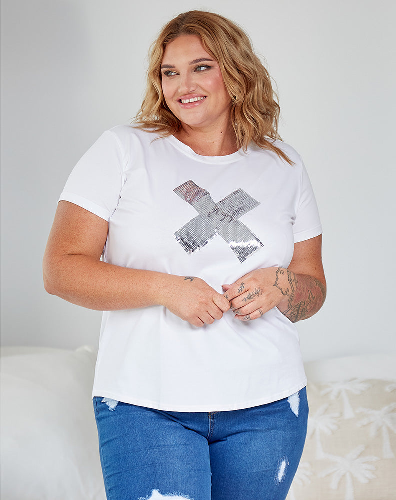 Cross Sequin Tee - White/Silver