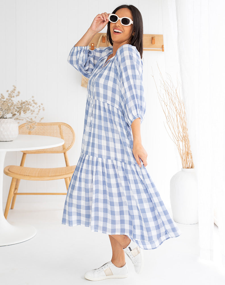 Amber Dress -Gingham Blue