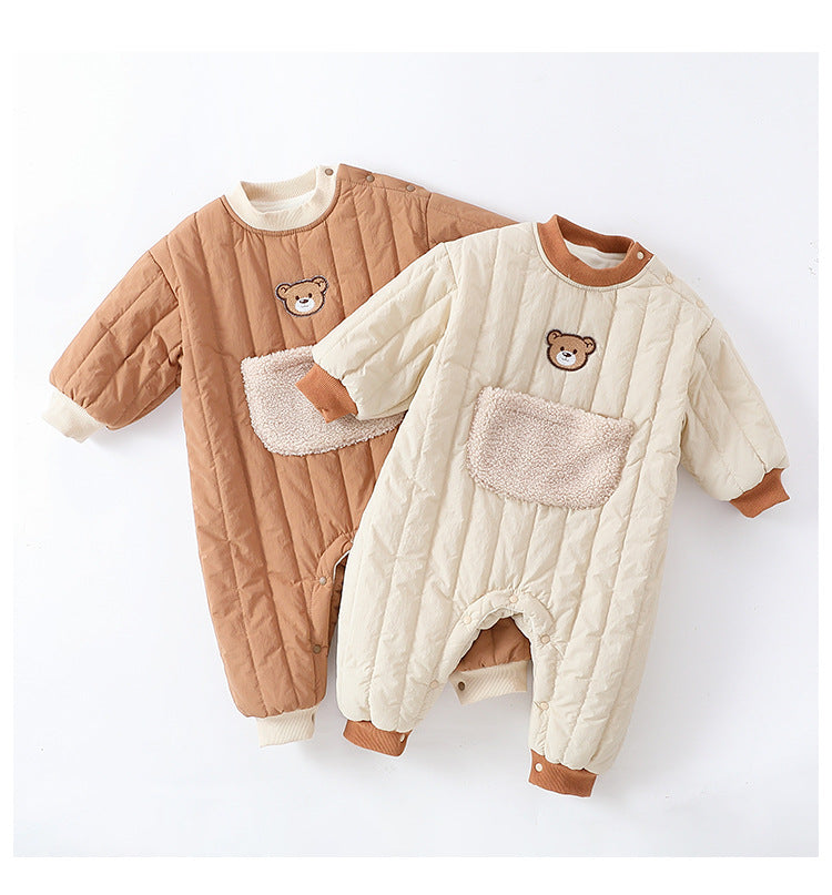 Autumn and Winter Arrival Baby Unisex Teddy Pattern Long Sleeves Casual Thickened Rompers