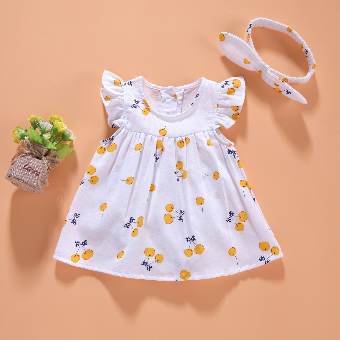 Baby Girl Cherry Print Fly Sleeved Design O-Neck Dress With Hanband My Kids-USA