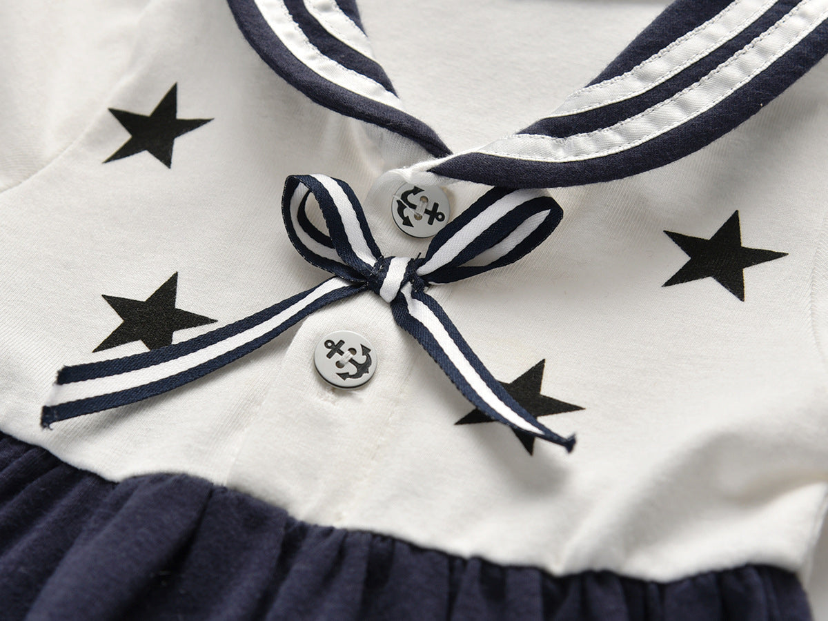 Baby Girl Star Pattern Striped Hem Design Long Sleeved Sailor Style Dress My Kids-USA