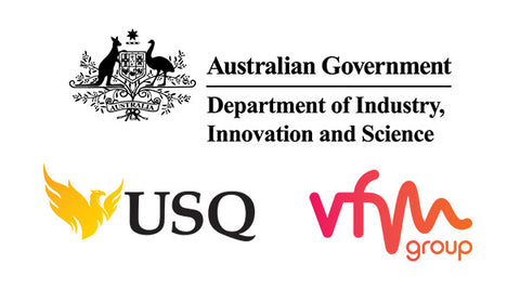 Logos for the Australian Government Department of Industry, Innovation and Science, the University of Southern Queensland and VFM Group.