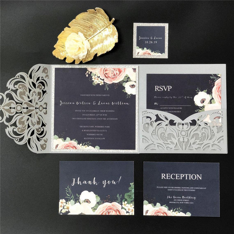 Silver Laser Cut Wedding Invitations with Navy Blue Floral Glittery Back Card and Personalized Belly Band Lcz060