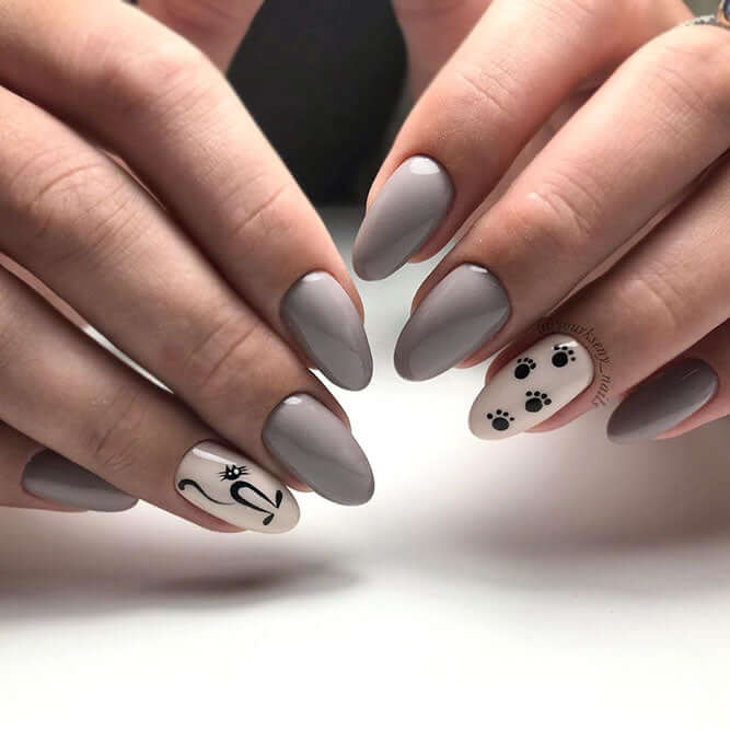 Almond Taupe Nails With A Cat Stamping Decor