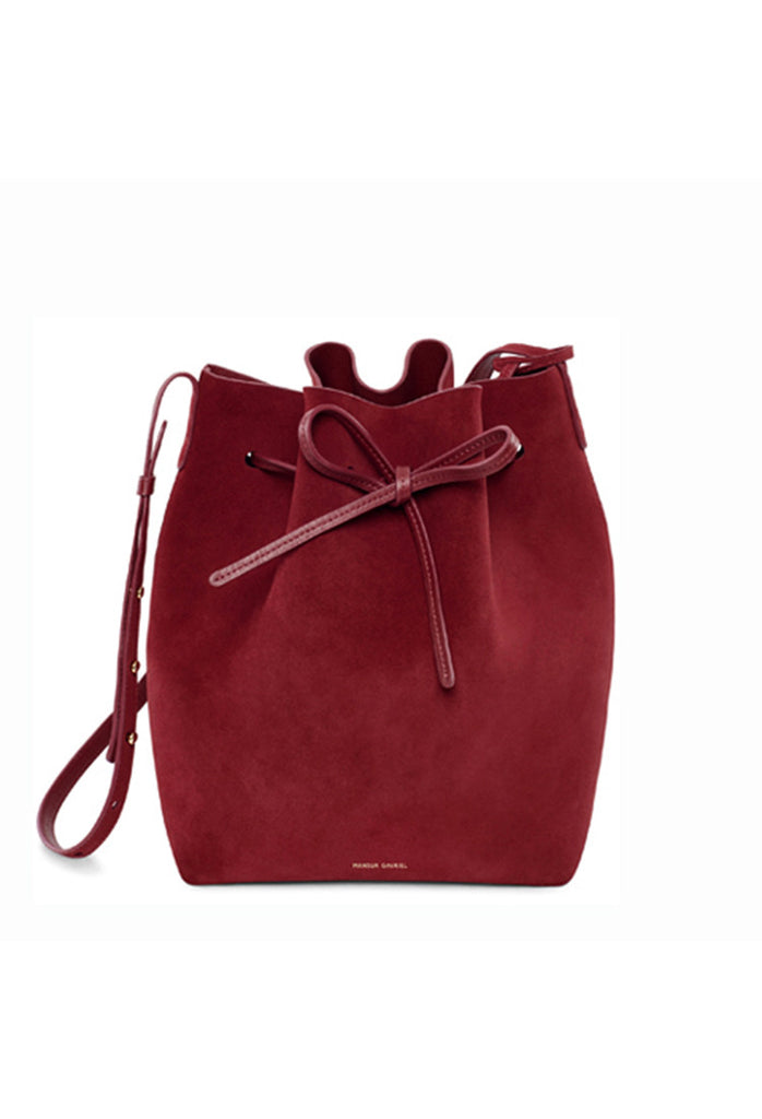 red suede bucket bag