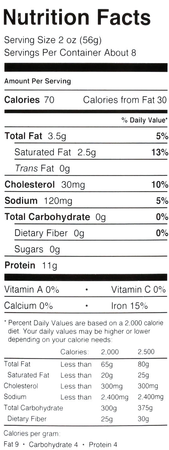 Keystone Meats Nutritional Panel