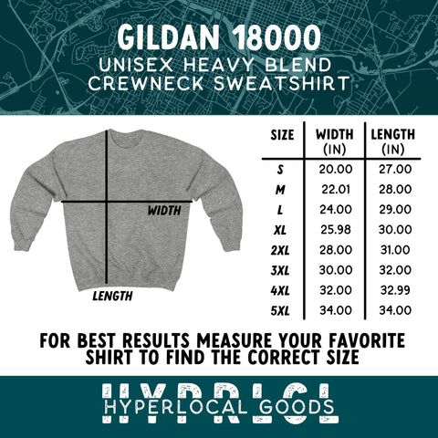 Gildan 18000 Unisex Heavy Blend Crewneck Sweatshirt Size Chart in inches: Size S: 20.00 wide, 27.00 long.  M: 22.01 wide, 28.00 long.   L: 24.00 wide, 29.00 long. XL: 25.98 wide, 30.00 long. 2XL: 28.00 wide, 31.00 long. 3XL: 30.00 wide, 32.00 Long. 4XL: 32.00 wide, 32.99 long. 5XL: 34.00 wide, 34.00 long. 