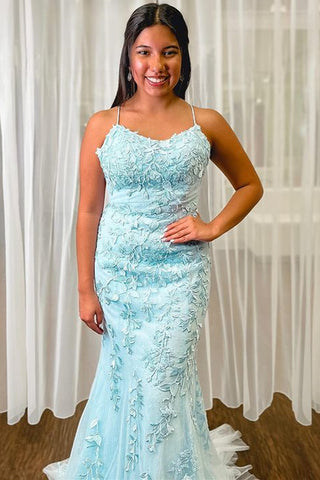 Mermaid Backless Light Blue Lace Long Prom Dresses, Mermaid Blue Formal  Dresses, Light Blue Lace Evening Dresses SP2127