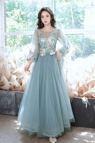 239.53] Plus Size Mint Green Lace Tulle Cap Sleeve Long Formal