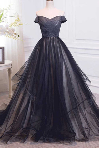 Shiny Off Shoulder Black Lace Long Prom Dresses, Black Lace Formal Dresses,  Black Evening Dresses SP2635