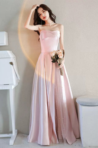 Pink Satin Elegant Strapless Long Prom Dresses, Long Pink Formal Graduation Evening Dresses WT1081