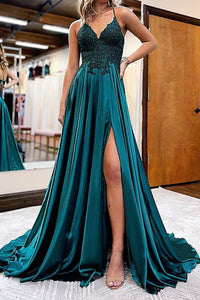 V Neck Blue Green Lace Prom Dresses, Blue Green Lace Formal Graduation Dresses