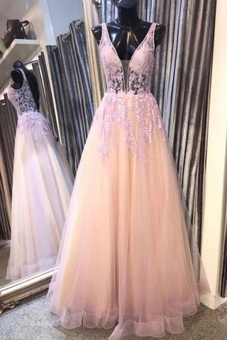 V Neck Pink Champagne Floral Long Prom Dresses, Pink Champagne Lace Fo –  jbydress