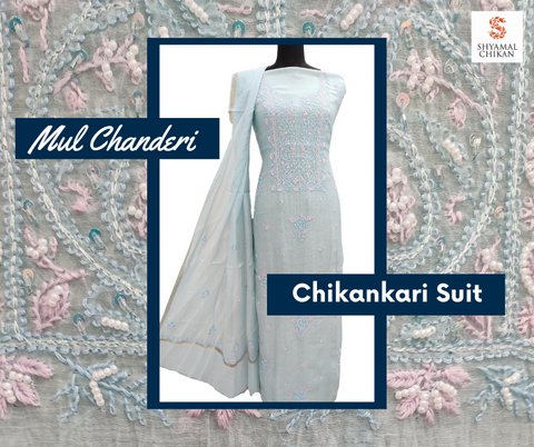 Mul Chanderi Chikankari Suit Length With Pearl Work | Shyamal Chikan | Lucknow 