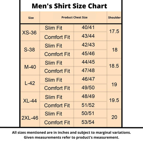 Shyamal Chikan Men's Shirt Size Chart
