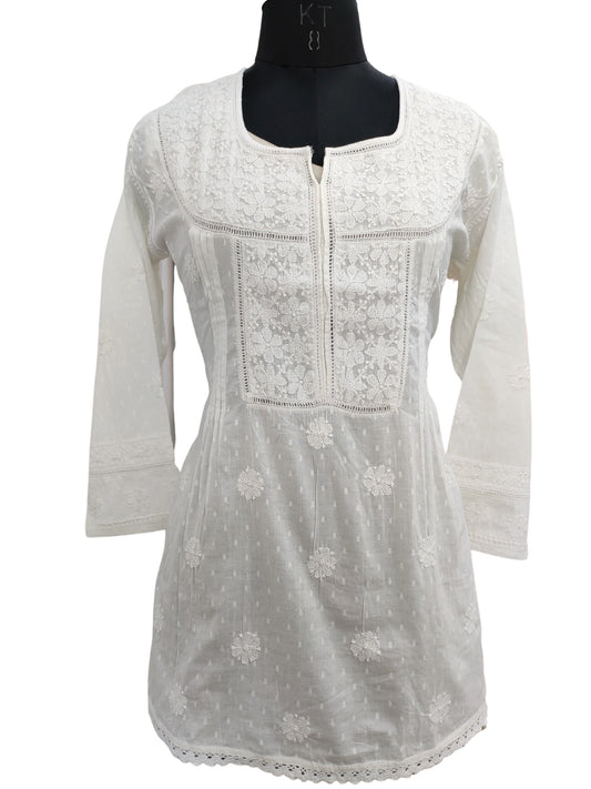 Lucknowi Indian Style Embroidered White Color Women Cotton Kurta,Lucknowi  Net dommon Kurti for Ladies, Short Kurti White(3XL) : Amazon.in: Fashion