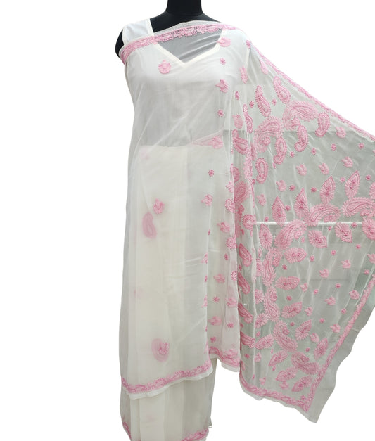 Buy Pink Color Qork Work Hand Embroidered Lucknowi Chikankari Saree (With  Blouse - Cotton) KC25301 | www.maanacreation.com