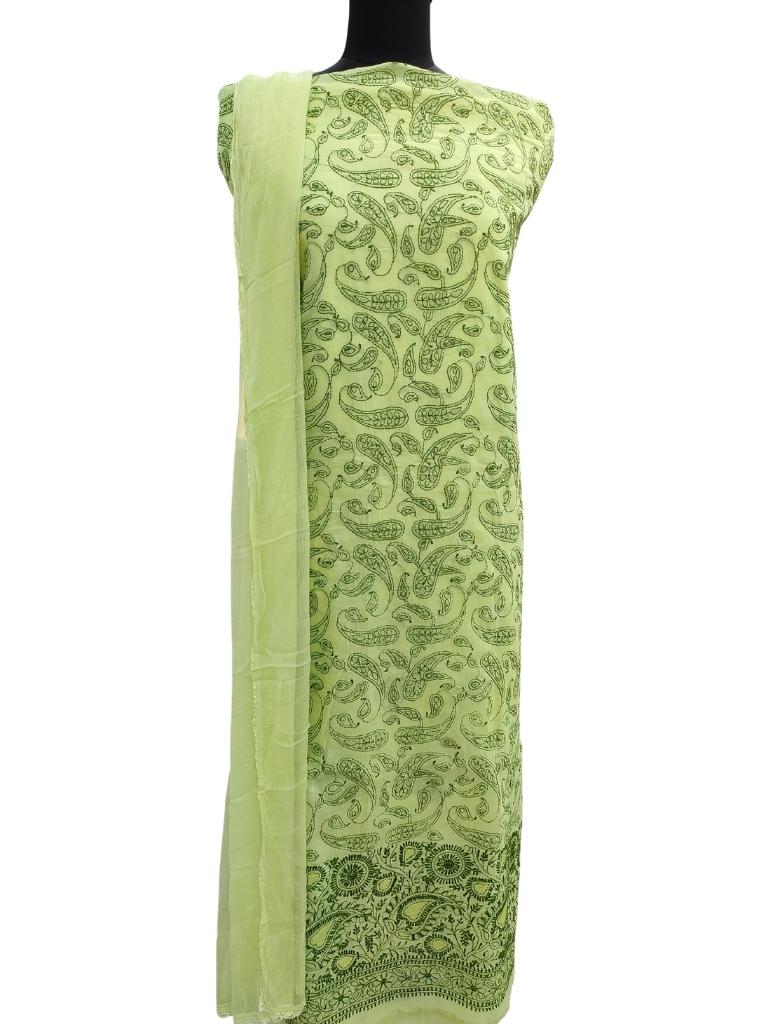 Shyamal Chikan Hand Embroidered Green Cotton Lucknowi Chikankari Unstitched Suit Piece- S14430