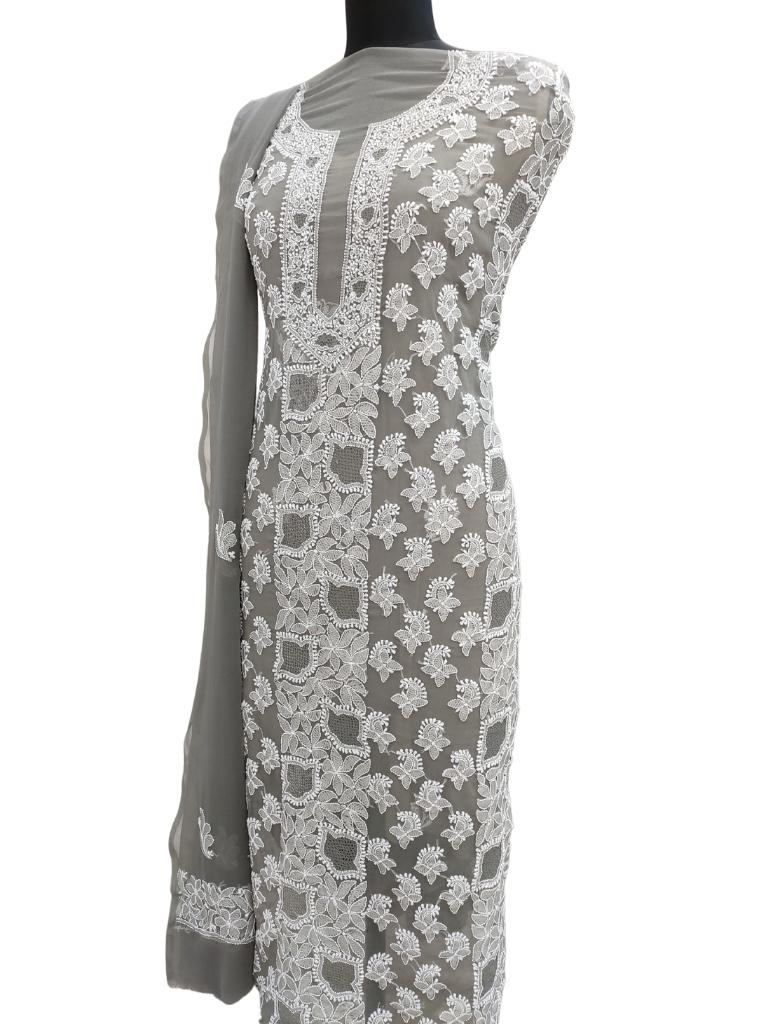 Shyamal Chikan Hand Embroidered Grey Georgette Lucknowi Chikankari Unstitched Suit Piece With Jaali Work - S14301
